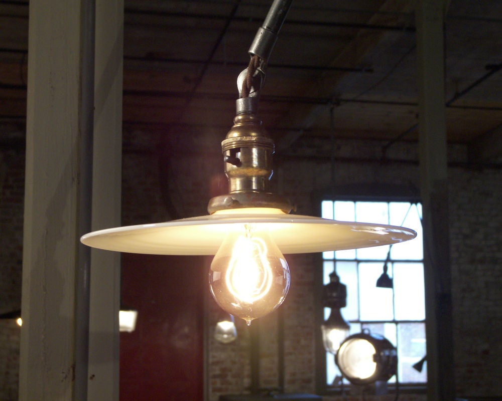 20th Century Vintage Industrial OC White Ceiling Lamp w/ Milk Glass Shade