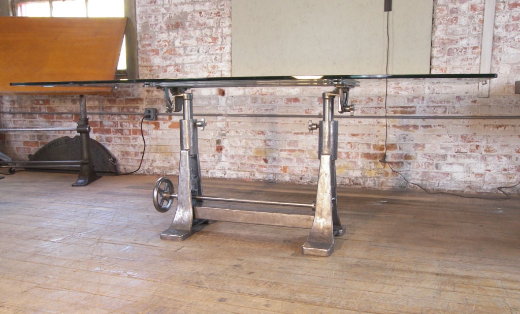 American Vintage Industrial Cast Iron & Glass Adjustable Desk /Table Base