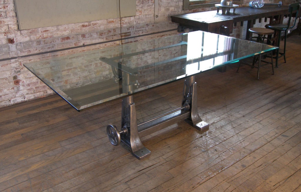 Vintage Industrial Cast Iron & Glass Adjustable Desk /Table Base 1