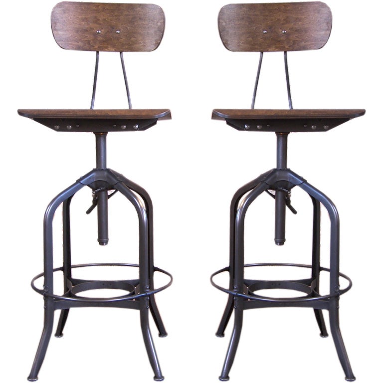 Pair of Metal & Wood / Bent Plywood Toledo Bar Stools