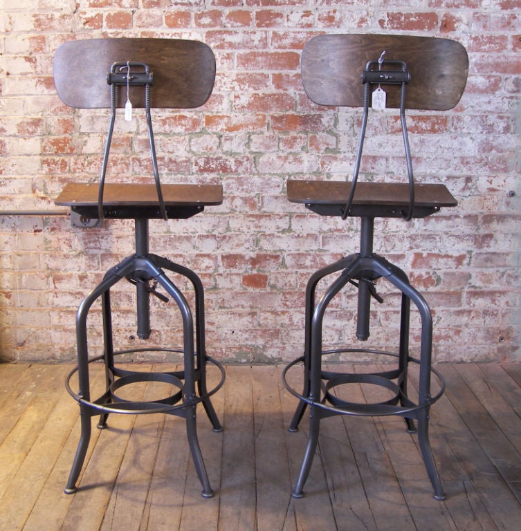 20th Century Pair of Metal & Wood / Bent Plywood Toledo Bar Stools