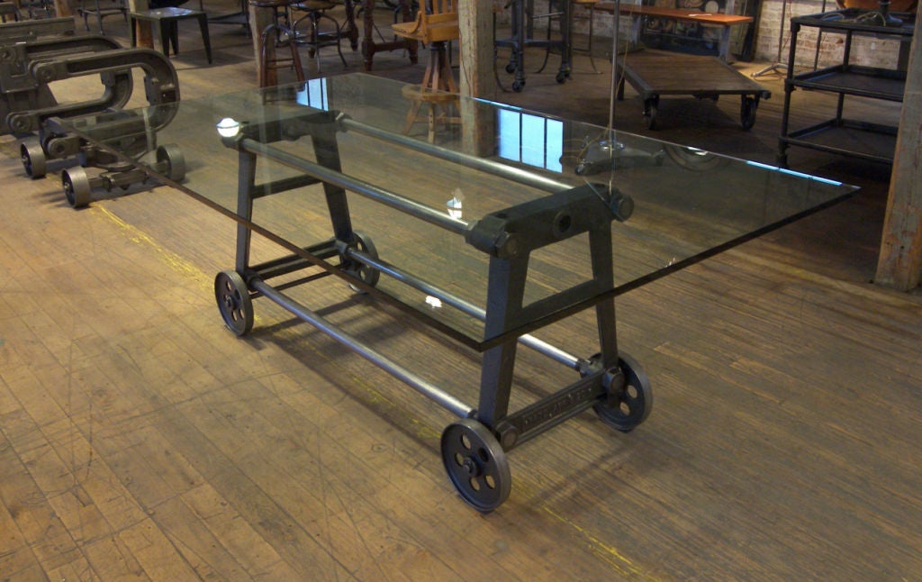 Vintage Industrial Steel & Cast Iron "Handy" table base. Base Measurements are 59" x 22" x 28" tall. Glass shown for display purposes, we can Assist Sourcing the Glass Locally to you. Can be Custom Built to Any