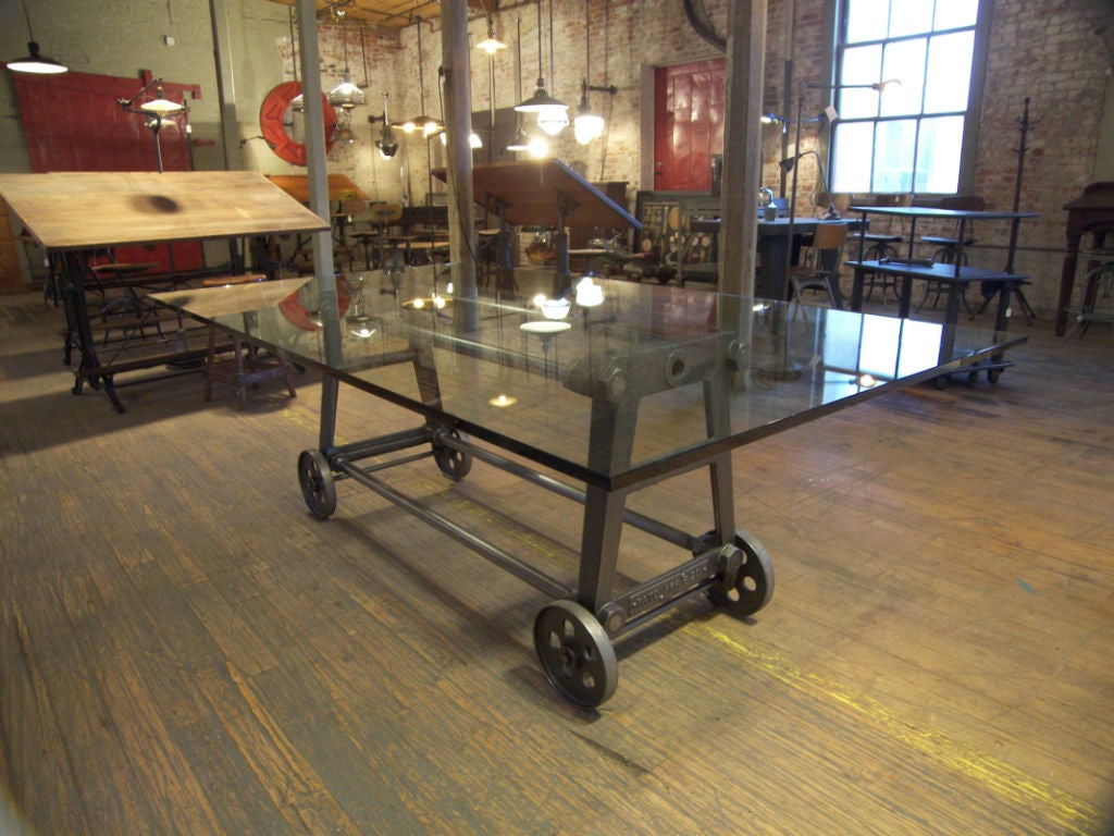 American Vintage Industrial Cast Iron, Steel, Glass Dining Conference Table on Wheels