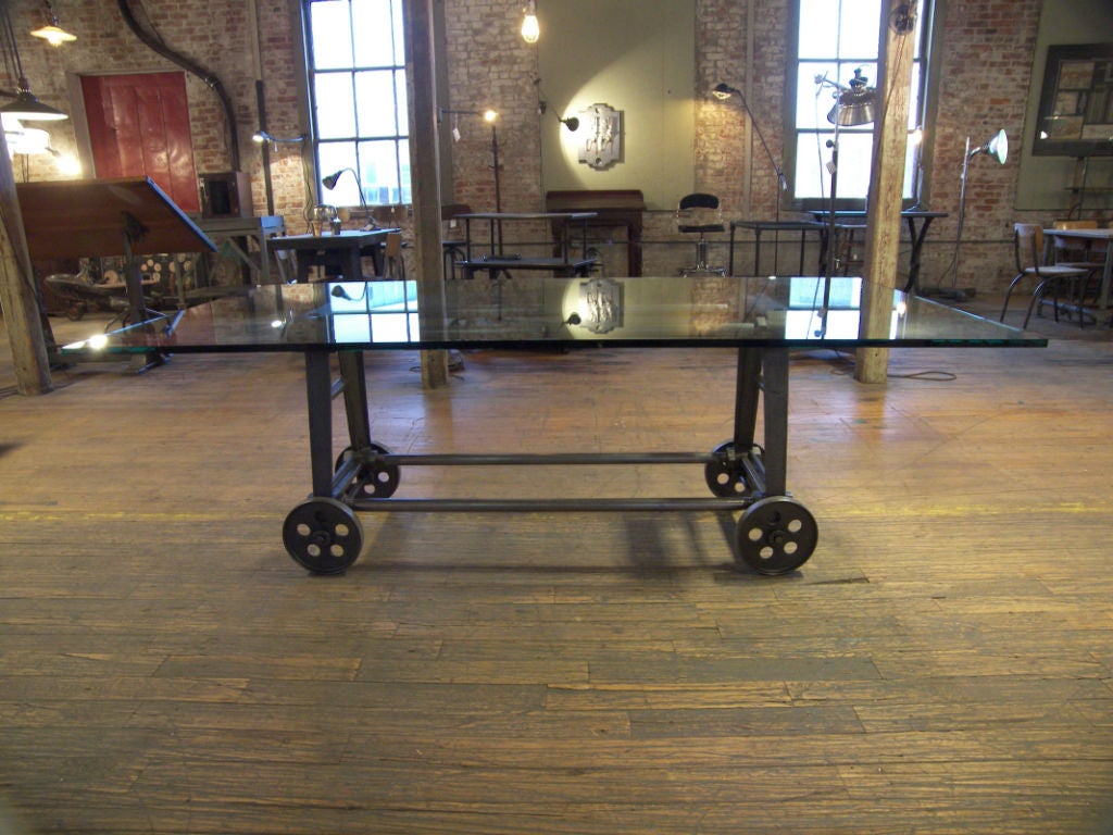 Vintage Industrial Cast Iron, Steel, Glass Dining Conference Table on Wheels In Excellent Condition In Oakville, CT