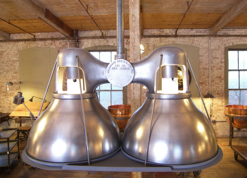 American Vintage Industrial Double Holophane Light with Metal Shades