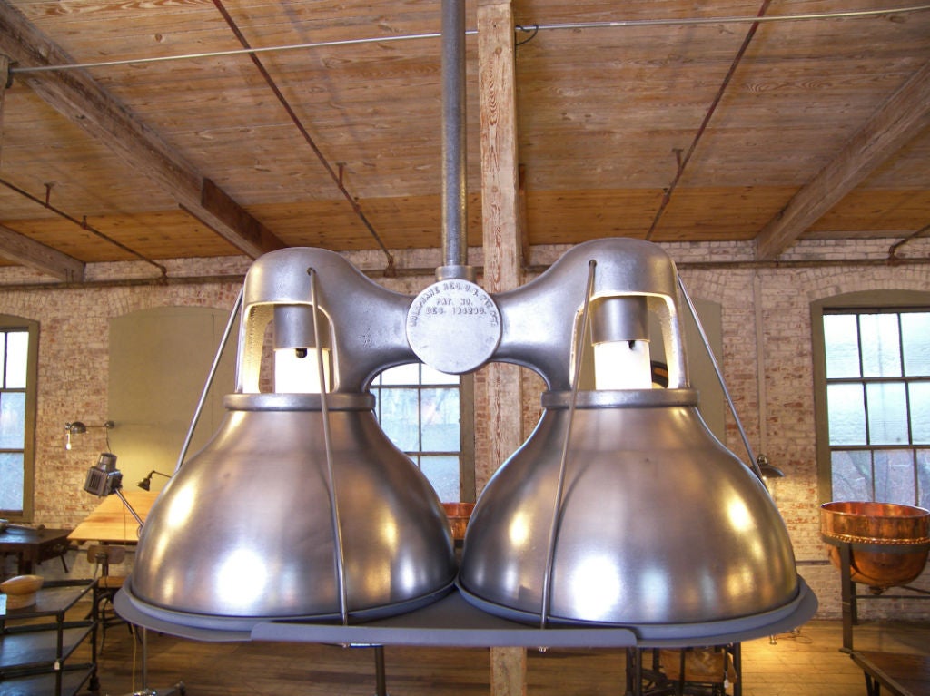 20th Century Vintage Industrial Double Holophane Light with Metal Shades