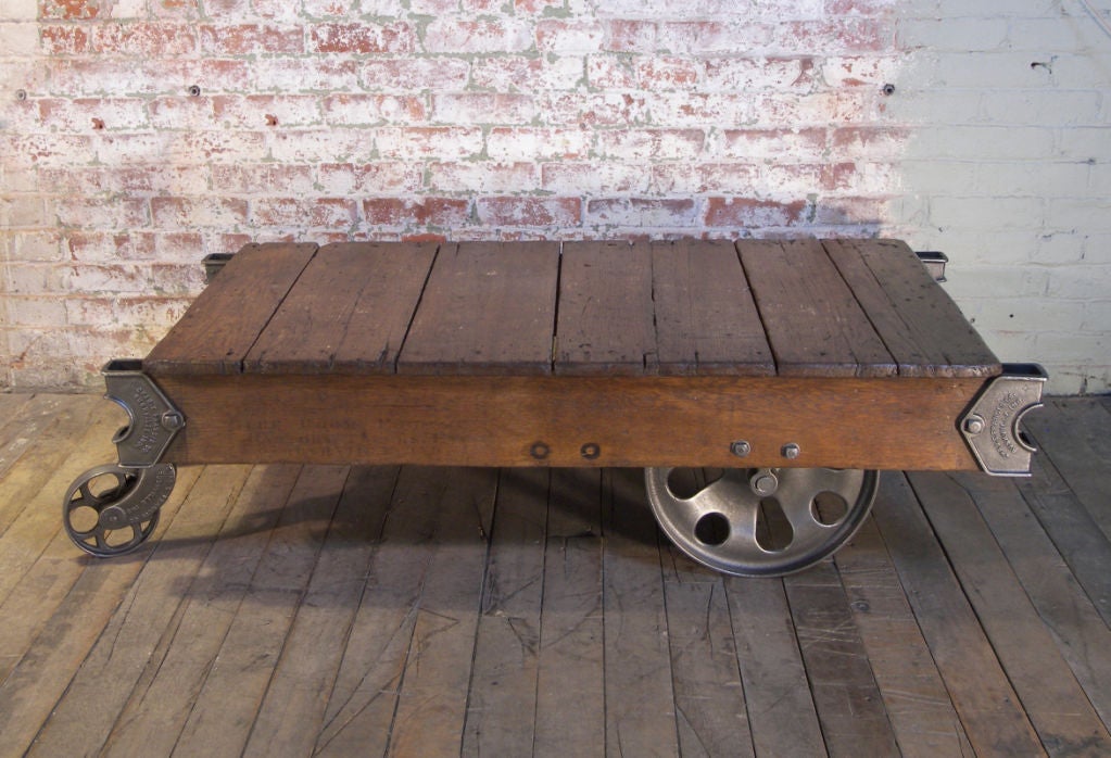 Vintage Industrial Cast Iron & Wood Rolling Table / Cart. Overall Dimensions are 53