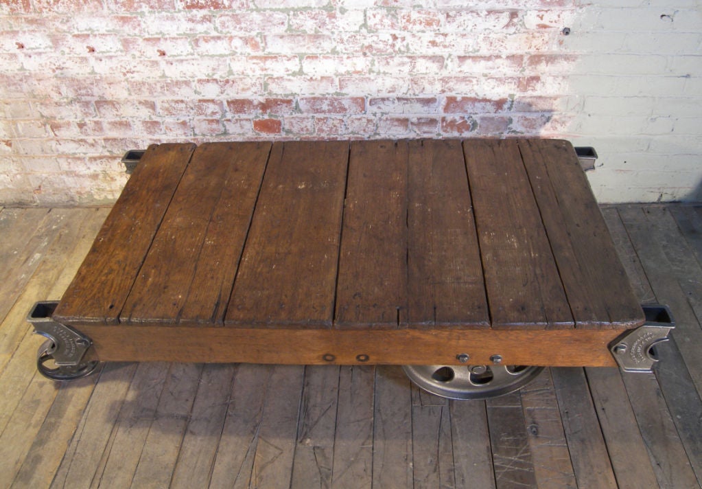 20th Century Vintage Industrial Cast Iron & Wood Rolling Table / Cart