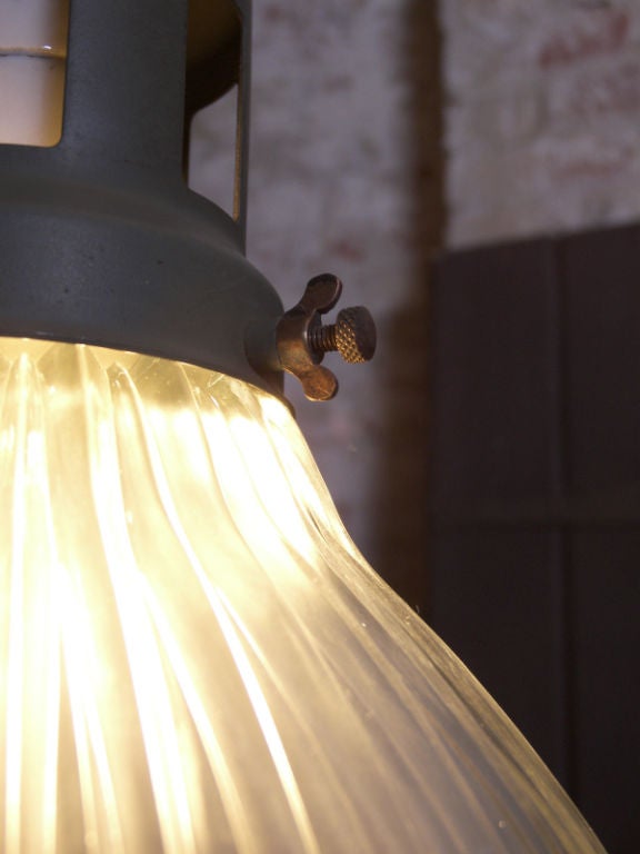 American Vintage Glass Holophane Ceiling Pendant Hanging Lamp, Light