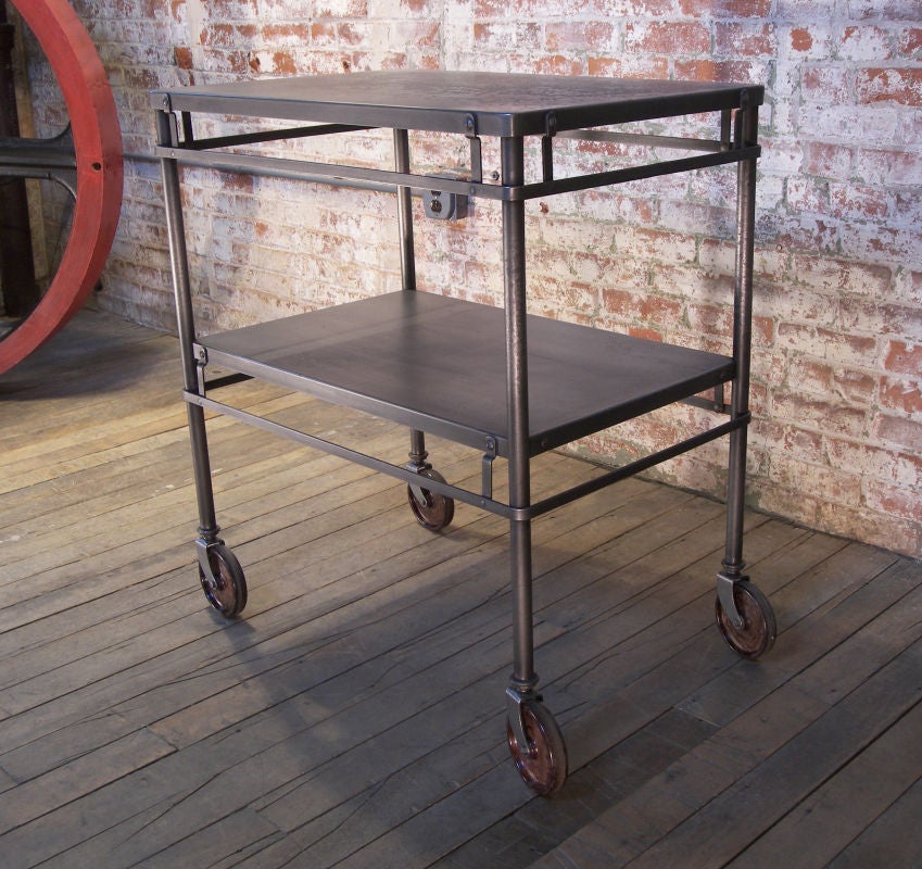 20th Century Vintage Industrial Two Tier Metal Rolling Cart