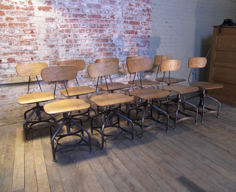 Mid-Century Modern Set of Ten Vintage Bent Plywood Adjustable Toledo Chairs, Stools, Seating