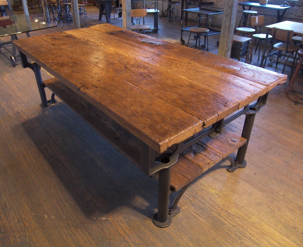 20th Century Vintage Industrial Cast Iron & Wood Display Work Bench Conference Dining Table
