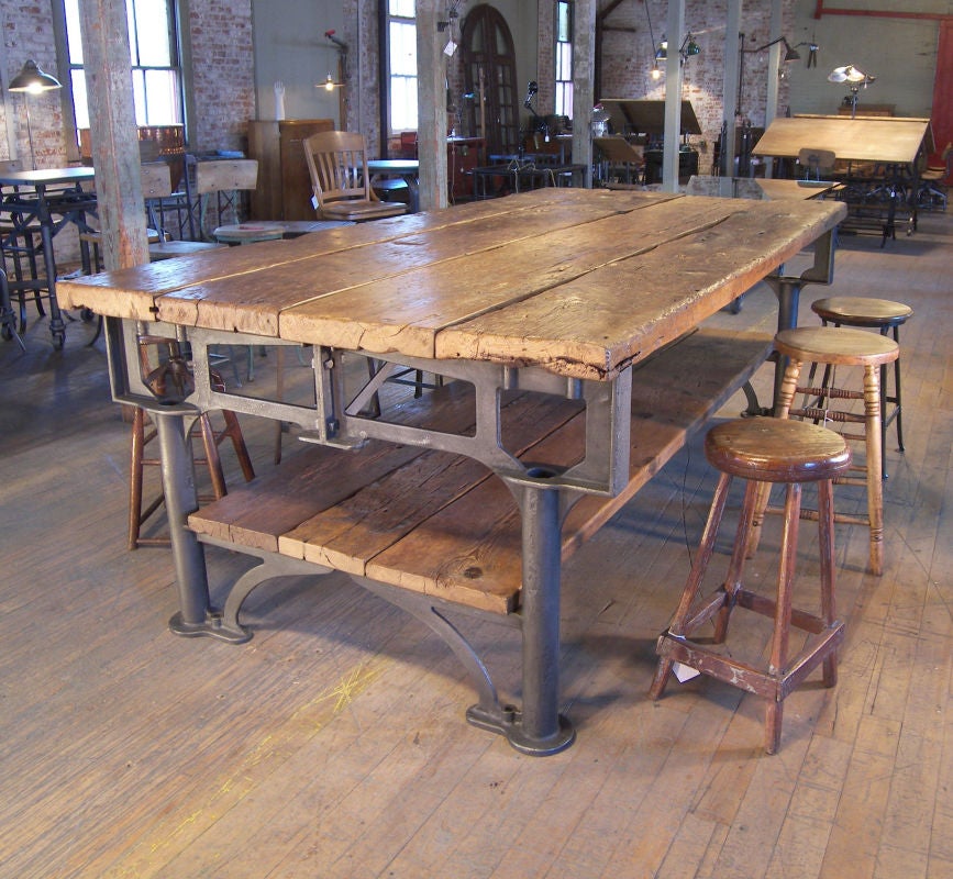 Vintage Industrial Cast Iron and Wood Display Work Bench 