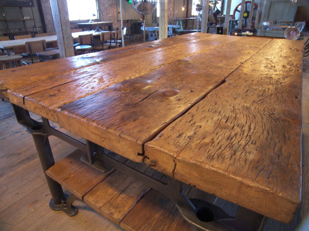 American Vintage Industrial Cast Iron & Wood Display Work Bench Conference Dining Table
