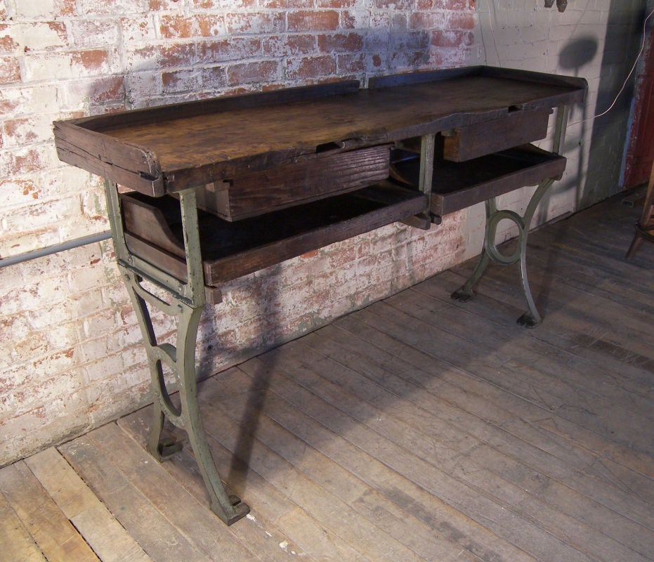 American Vintage Industrial Cast Iron & Wood Jewelers Work Bench