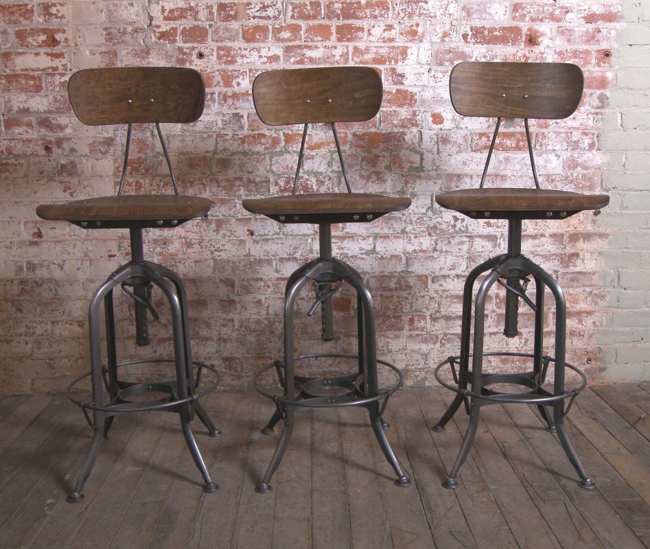 Set of 3 Vintage Industrial Adjustable Metal & Wood Toledo Stool