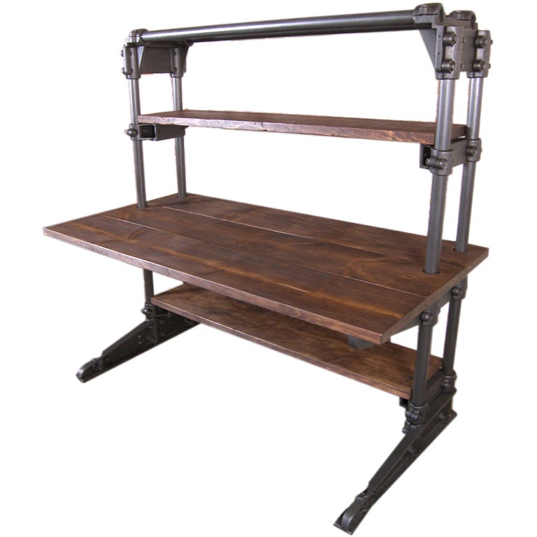 Vintage Industrial Cast Iron & Wood Workstation / Desk