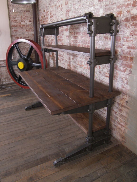 Vintage Industrial Cast Iron & Wood Workstation / Desk. Shelf Heights are set at 11