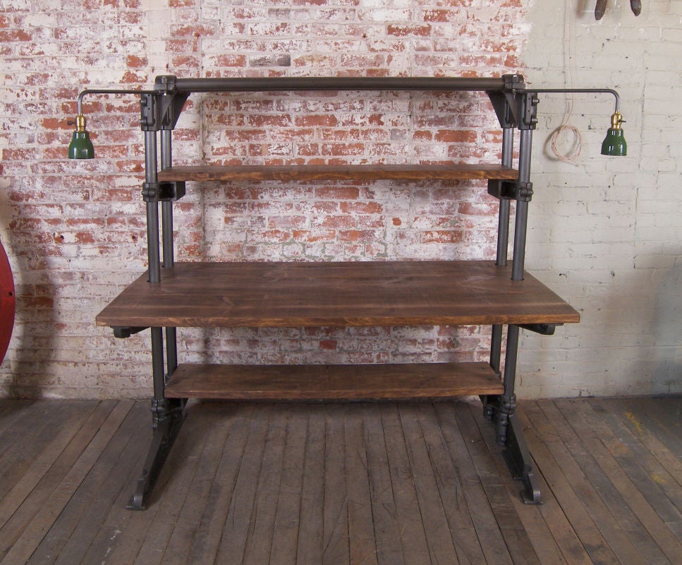 Vintage Industrial Cast Iron & Wood Workstation / Desk 3