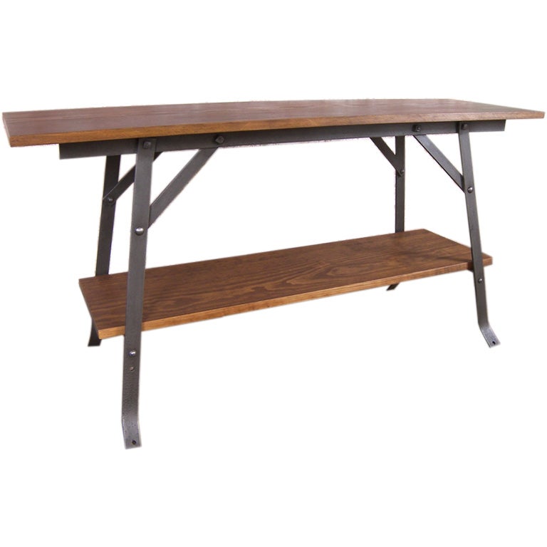 Handwerkliche Bank oder Tisch oder Regaleinheit aus Holz und Stahl, Vintage Industrial im Angebot