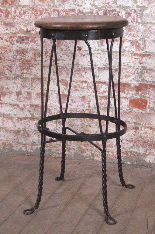Vintage Metal Twist Leg Stool with Oak Seat