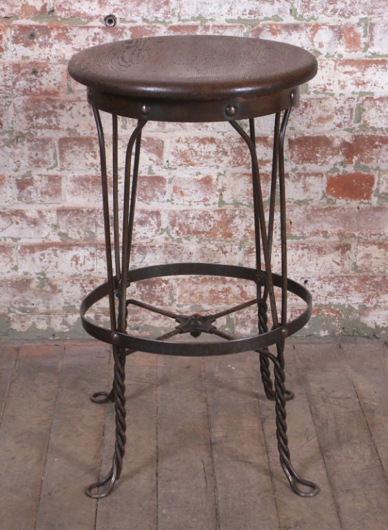Vintage Metal Twist Leg Stool with Oak Seat