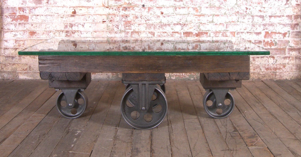 Vintage Industrial Wood & Glass Coffee Cart / Table on Casters