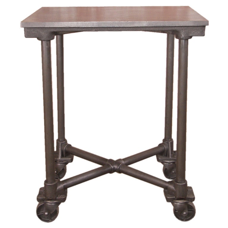 Vintage Industrial Cast Iron & Steel Turtle Table on Casters