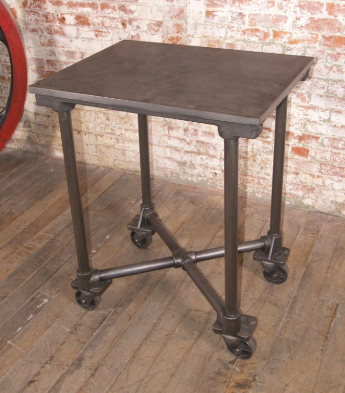 American Vintage Industrial Cast Iron & Steel Turtle Table on Casters