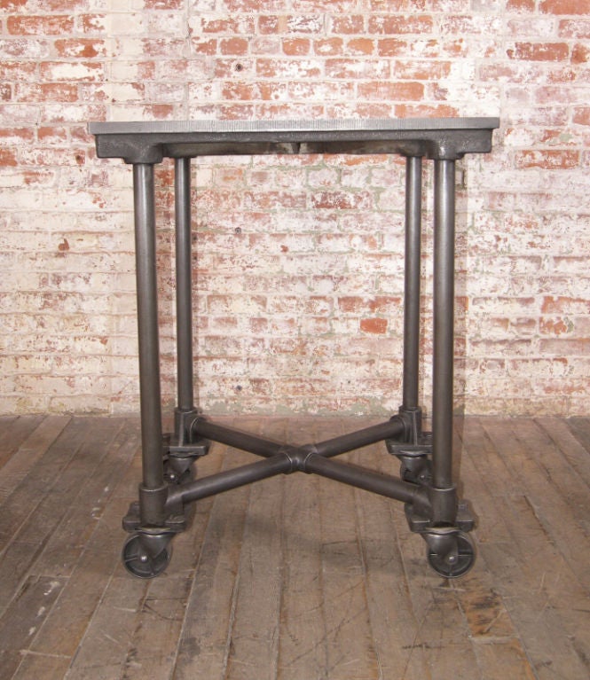 20th Century Vintage Industrial Cast Iron & Steel Turtle Table on Casters