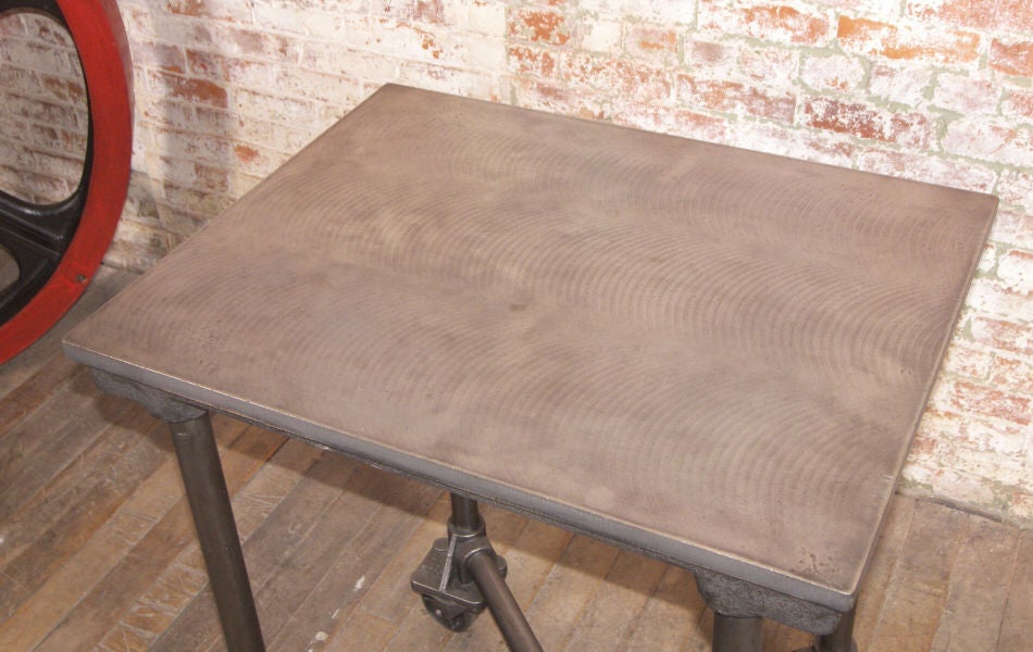 Vintage Industrial Cast Iron & Steel Turtle Table on Casters 1