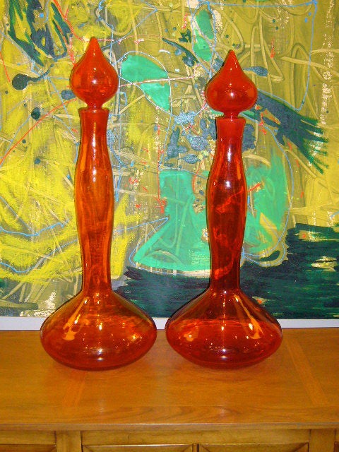 ...SOLD SEPTEMBER 2010...Oversized colorful styling with these Large Blenko heavy blown glass stoppered 