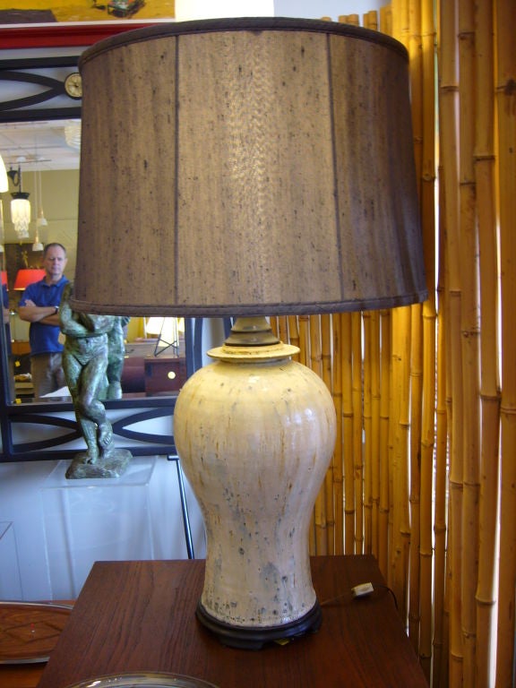 SOLD FEB 2010 Complex glazing in the style of Natzler highlight this steller R F Brooks studio pottery table lamp with custom silk shade.  Incredible drip and bubbled lava glaze in an asian inspired form.  Pottery body, neck and base.  Signed in the