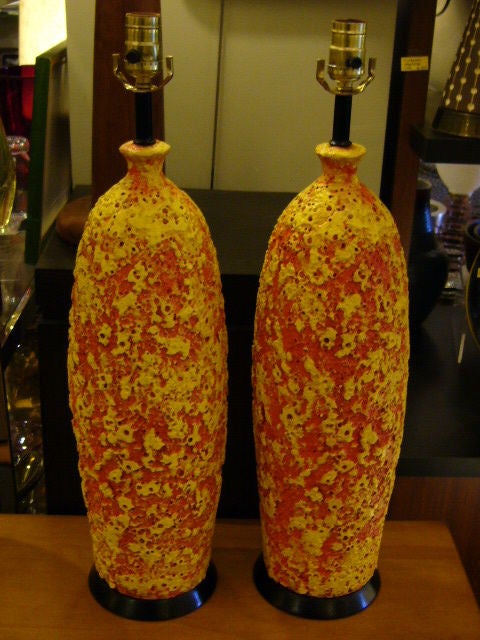 Mid-Century Modern Pair of 1950s Brutalist Modern Lava Glaze Pottery Table Lamps