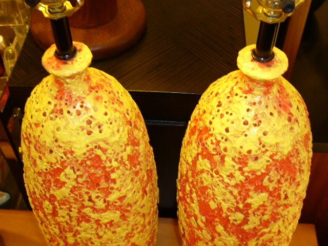 Mid-20th Century Pair of 1950s Brutalist Modern Lava Glaze Pottery Table Lamps
