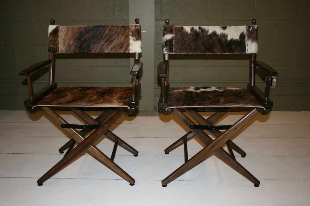 PAIR OF 1970S - NEVER USED - (STILL IN ORIGINAL BOX NEW OLD STOCK) DIRECTOR'S CHAIRS WITH STEER HIDE SEATS.