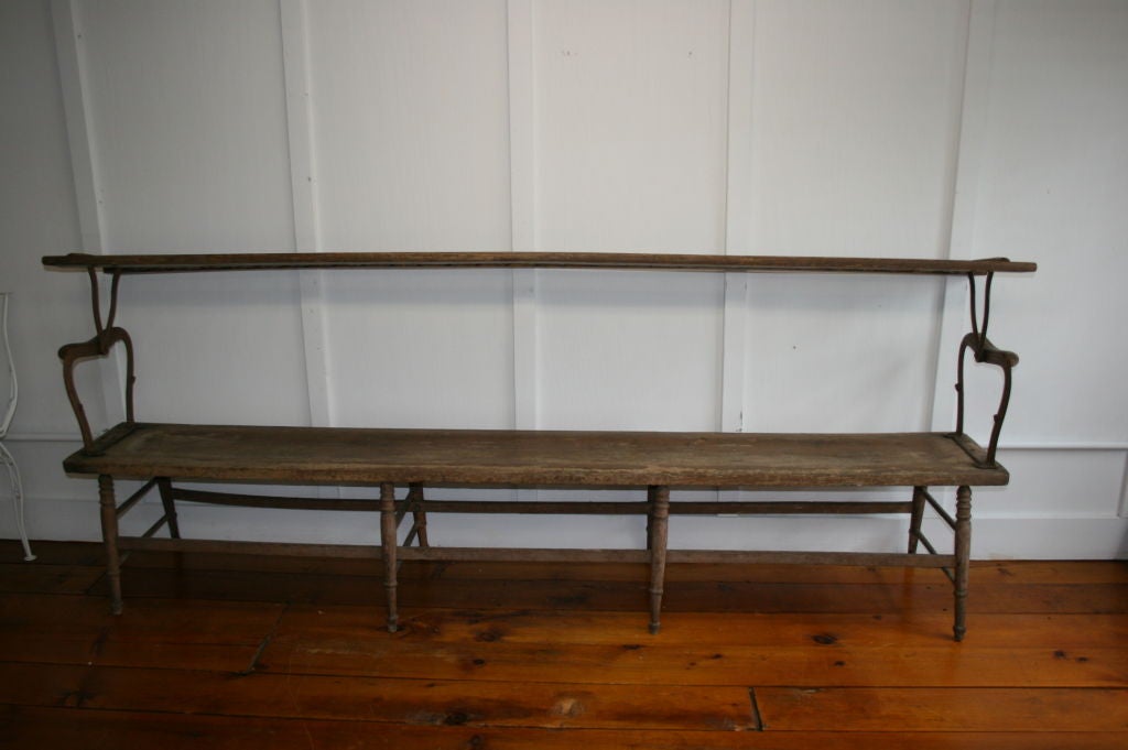 EXTRA LONG (8 FT) AMERICAN TRAIN STATION BENCH WITH BACK THAT FLIPS OVER TO VIEW THE TRAIN ON DIFFERENT RAILS.  NICE OLD WORN PAINT.