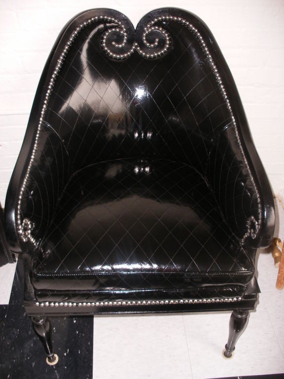 WONDERFUL ARMCHAIR - CIRCA 1930S - REPAINTED BLACK AND RE-UPHOLSTERED IN BLACK PATENT LEATHER.