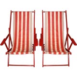 PAIR OF RED AND WHITE STRIPED CANVAS BEACH CHAIRS