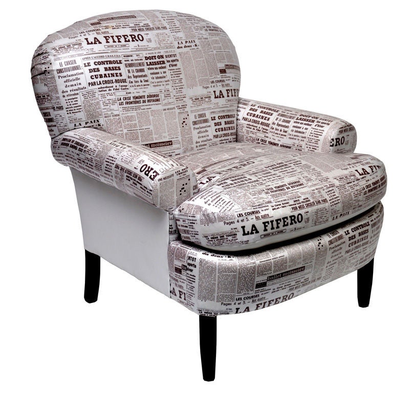 French Newspaper Fabric Covered Chair For Sale