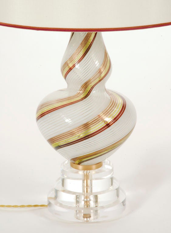 Vintage Murano Lamp in White, Copper and Aubergine Swirl