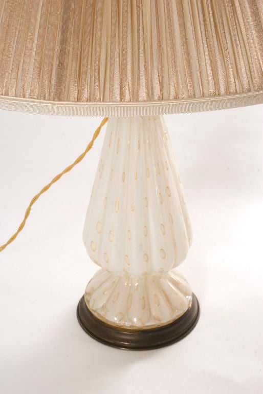 Darling petite white Murano lamp with gold flecks. Original base. Custom silk pleated shade made in Paris