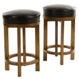 Pair of Oak and Leather Round Stools