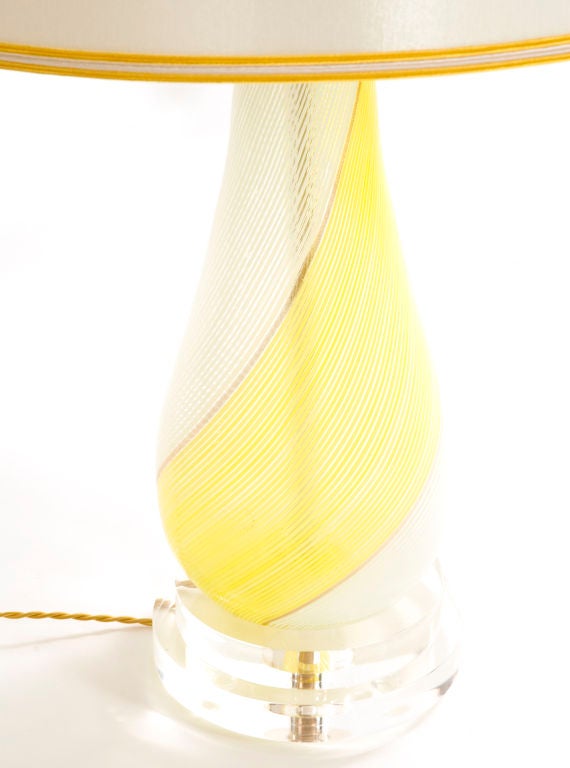 Pair of Vintage Murano Lamps in Chartreuse, Copper and White