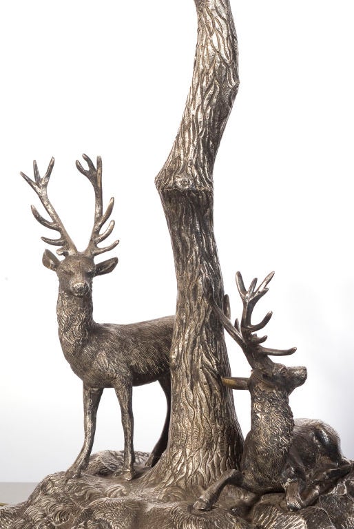 Amazing sculptural bronze table lamp with stag and tree motif.  Custom silk shade made in Paris.