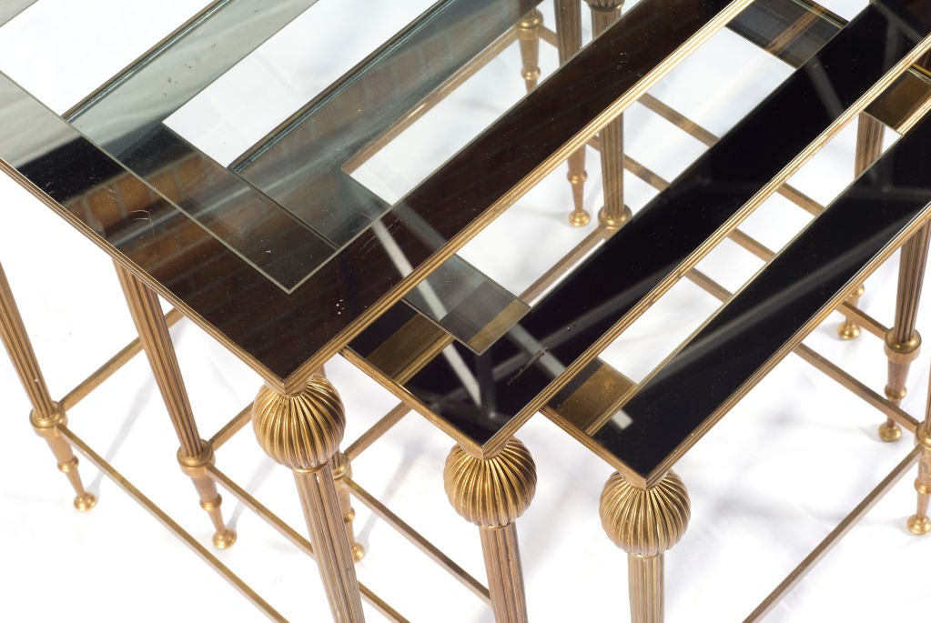 Set of Three Brass Nesting Tables with Silver Mirror Accent