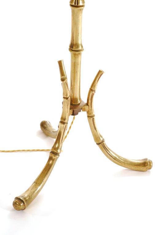 Truly gorgeous brass bamboo floor lamp by Bagues. Custom silk shade made in Paris