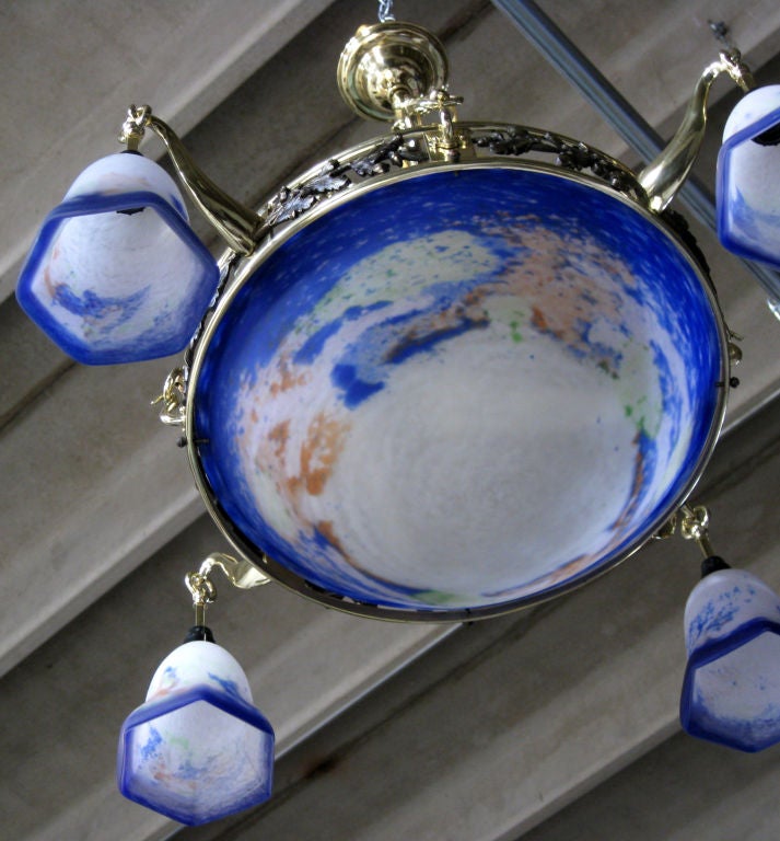 French Art Deco Bronze and Pate d'Verre Chandelier