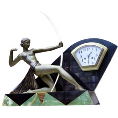 French Art Deco Diana the Huntress Figural Clock