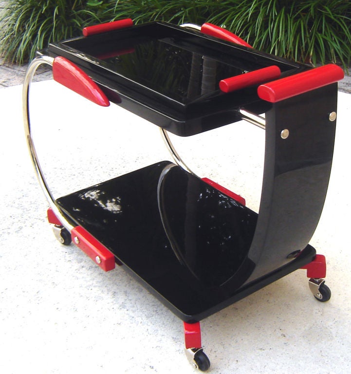 American Art Deco Streamline Red and Black Lacquer Serving Cart 2